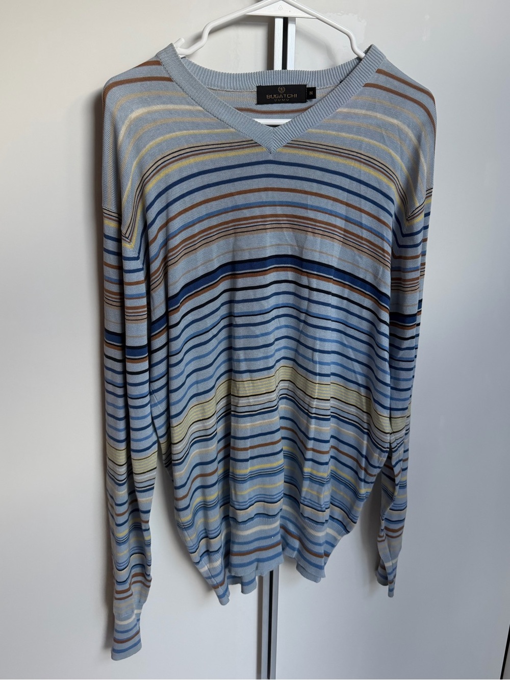 Bugatchi Light Blue Multi-Striped V-Neck Sweater